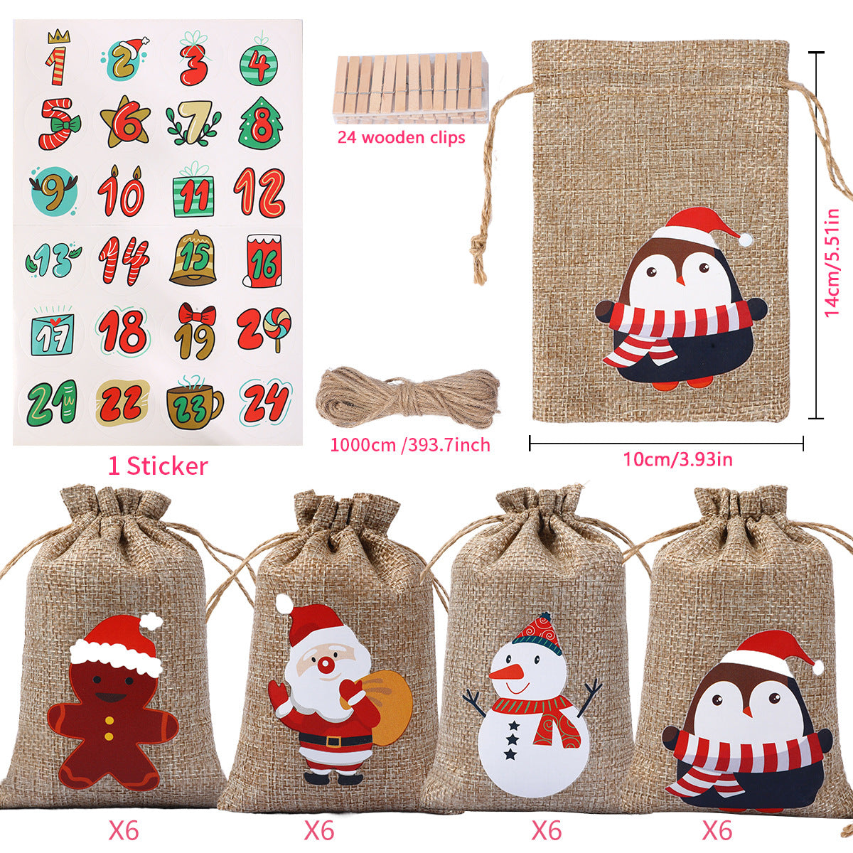 Set of 24 Christmas Burlap Gift Bags with Drawstring 4x5.5 Treat Bags Goody Gift Bags Xmas Candy Bags Reusable Gift Card Stocking Stuffer