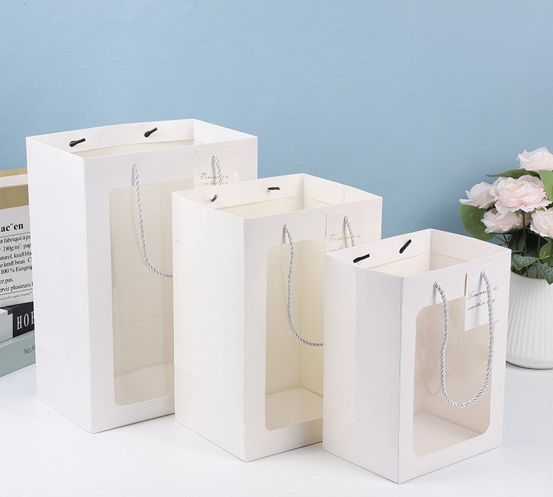 White,Red,Pink Transparent Window Flower Gift Bag 15x10x20cm | White Cardboard Handbag for Bouquet & Valentine’s Gifts