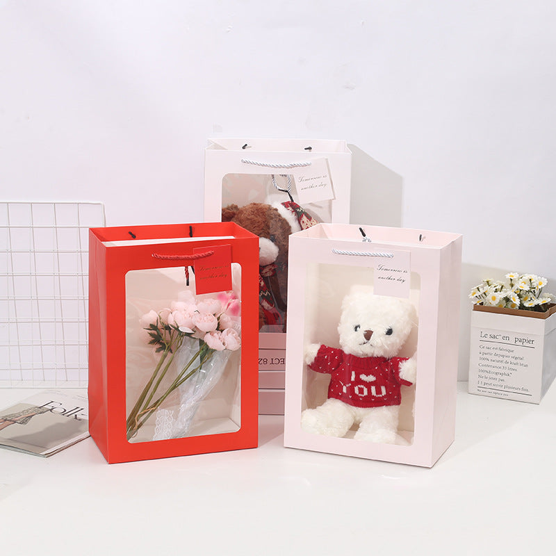 White,Red,Pink Transparent Window Flower Gift Bag 15x10x20cm | White Cardboard Handbag for Bouquet & Valentine’s Gifts