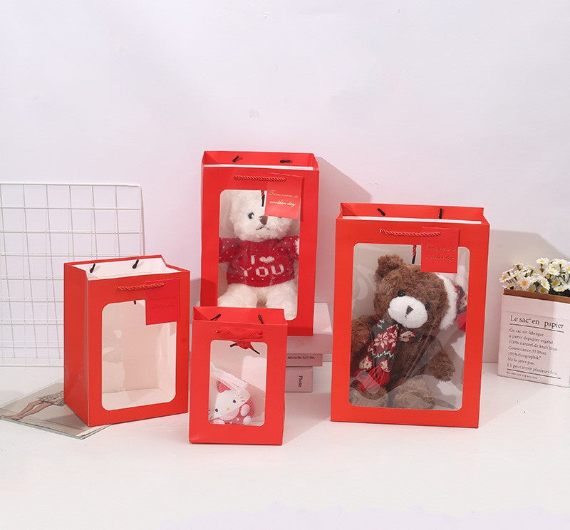 White,Red,Pink Transparent Window Flower Gift Bag 15x10x20cm | White Cardboard Handbag for Bouquet & Valentine’s Gifts