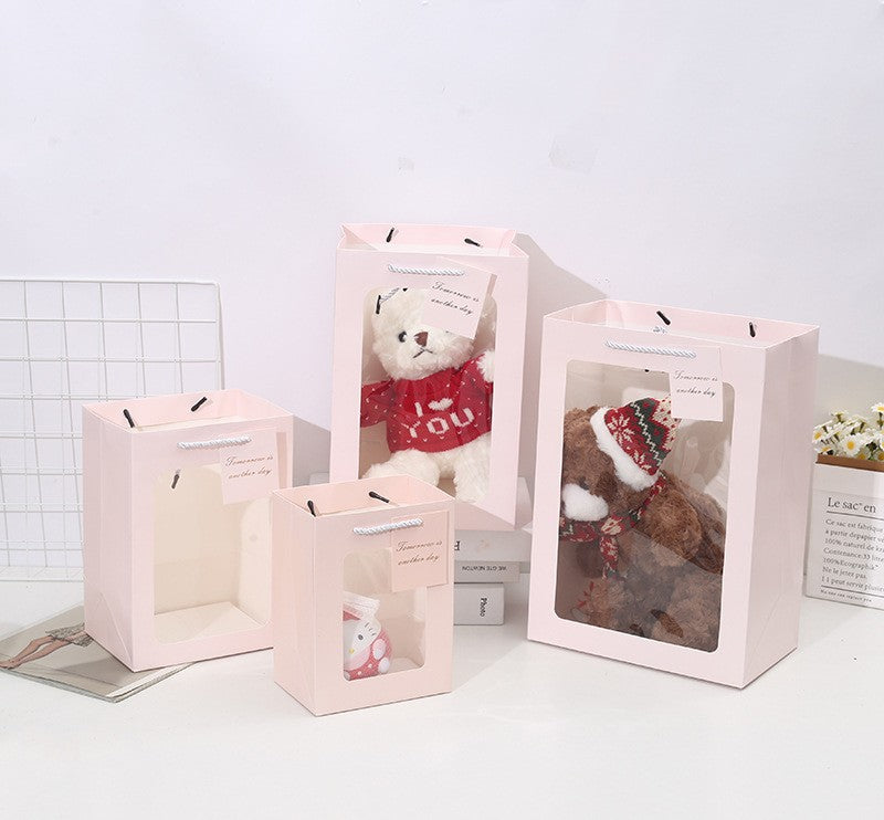 White,Red,Pink Transparent Window Flower Gift Bag 15x10x20cm | White Cardboard Handbag for Bouquet & Valentine’s Gifts