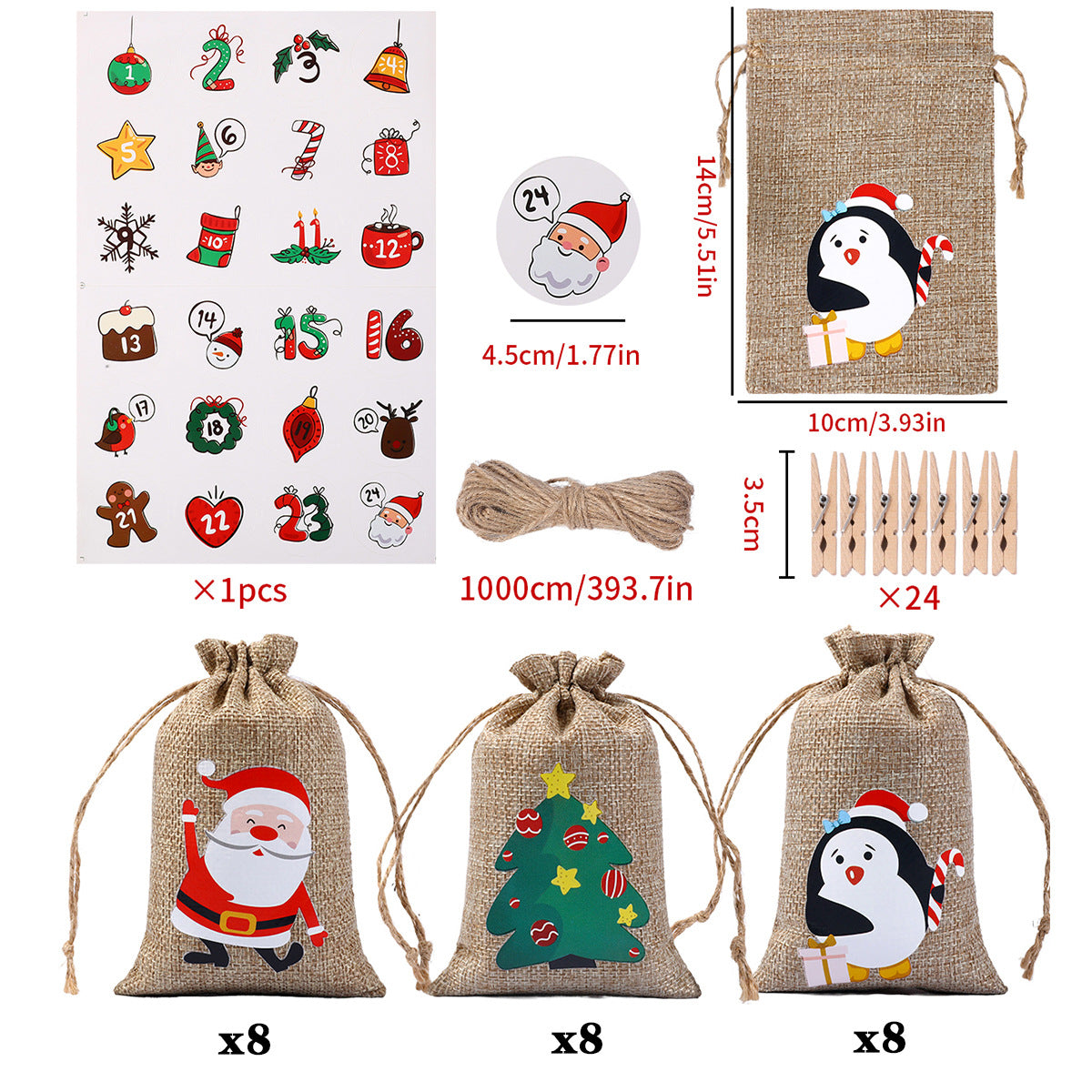 Set of 24 Christmas Burlap Gift Bags with Drawstring 4x5.5 Treat Bags Goody Gift Bags Xmas Candy Bags Reusable Gift Card Stocking Stuffer
