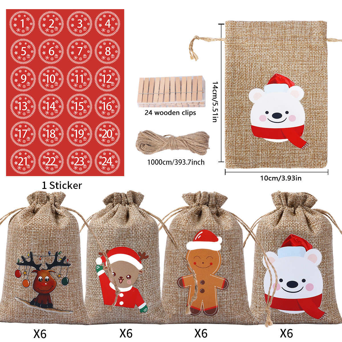 Set of 24 Christmas Burlap Gift Bags with Drawstring 4x5.5 Treat Bags Goody Gift Bags Xmas Candy Bags Reusable Gift Card Stocking Stuffer