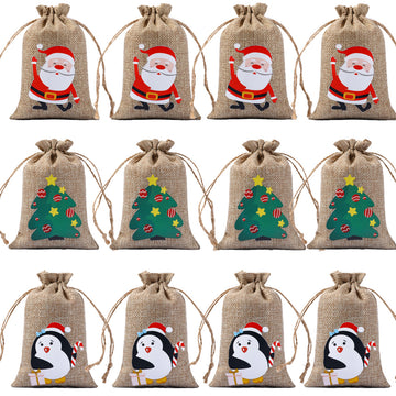 Set of 24 Christmas Burlap Gift Bags with Drawstring 4x5.5 Treat Bags Goody Gift Bags Xmas Candy Bags Reusable Gift Card Stocking Stuffer